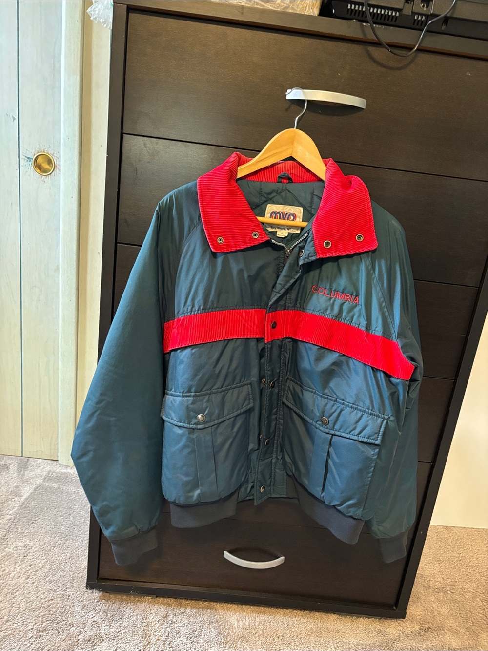 Columbia Teal Puffer Jacket with Red Corduroy Trim